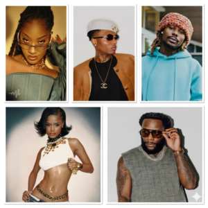 Tems, Wizkid, Asake, Tyla and Burna Boy in a photo grid