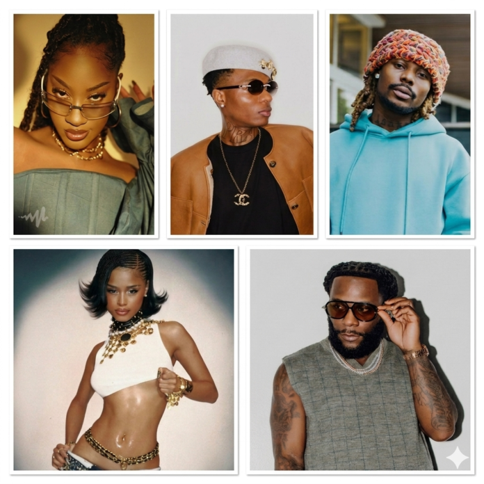 Tems, Wizkid, Asake, Tyla and Burna Boy in a photo grid