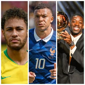 Neymar (L), Mbappé (M) and Dembélé (R)